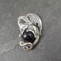 Vintage Sterling Silver Black Onyx Dragon Pendant