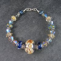 Handmade Blue Lampwork Art Glass Bead Bracelet 8 Inches