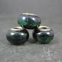 Lot of 3 Blue Green Black Art Glass Bead Charms Sterling Centers
