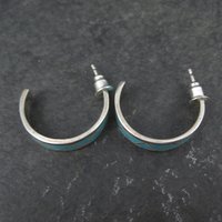 Vintage Sterling Silver Turquoise Inlay Half Hoop Earrings Southwestern