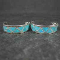 Vintage Sterling Silver Turquoise Inlay Half Hoop Earrings Southwestern