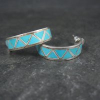 Vintage Sterling Silver Turquoise Inlay Half Hoop Earrings Southwestern