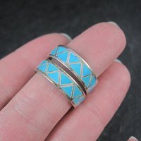 Vintage Sterling Silver Turquoise Inlay Half Hoop Earrings Southwestern