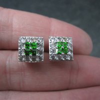 Chrome Diopside White Topaz Stud Earrings Estate Sterling Silver