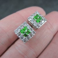 Chrome Diopside White Topaz Stud Earrings Estate Sterling Silver