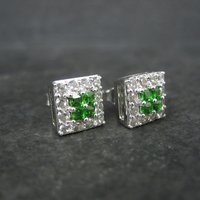 Chrome Diopside White Topaz Stud Earrings Estate Sterling Silver