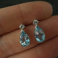 Blue and White Topaz Stud Earrings Sterling Silver Estate Jewelry