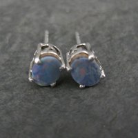 Sterling Silver Oval Opal Stud Earrings Estate Jewelry