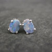 Sterling Silver Oval Opal Stud Earrings Estate Jewelry