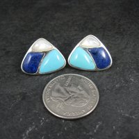 Estate Turquoise Lapis Mother of Pearl Earrings Sterling Silver