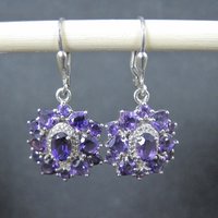 Estate Sterling Amethyst Cluster Earrings Lever Back