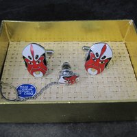 Vintage Enamel Kabuki Cufflinks and Tie Tack Set Red Black and White New Old Stock