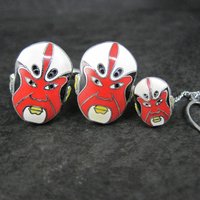Vintage Enamel Kabuki Cufflinks and Tie Tack Set Red Black and White New Old Stock