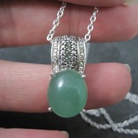 Jade and Green Diamond Pendant Necklace Sterling Silver