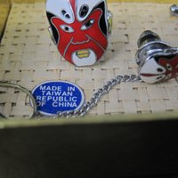 Vintage Enamel Kabuki Cufflinks and Tie Tack Set Red Black and White New Old Stock
