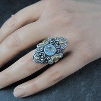 Ornate Estate Sterling 18K Blue Topaz Ring Size 7