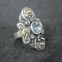 Ornate Estate Sterling 18K Blue Topaz Ring Size 7