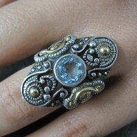 Ornate Estate Sterling 18K Blue Topaz Ring Size 7