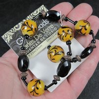 Orange Lampwork Black Glass Bead Strand Cousins 9.25"