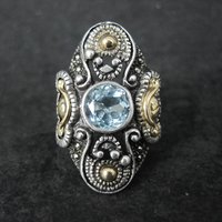 Ornate Estate Sterling 18K Blue Topaz Ring Size 7