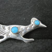 Vintage Sterling Native American Turquoise Roadrunner Brooch