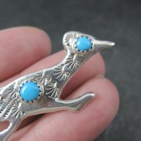 Vintage Sterling Native American Turquoise Roadrunner Brooch