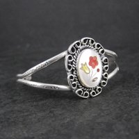 Southwestern Sterling Silver Inlaid Flower Cuff Bracelet 5.5 Inches
