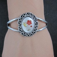 Southwestern Sterling Silver Inlaid Flower Cuff Bracelet 5.5 Inches