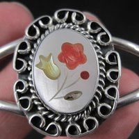 Southwestern Sterling Silver Inlaid Flower Cuff Bracelet 5.5 Inches