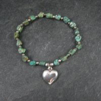 Green Turquoise Stretch Bracelet with Sterling Silver Heart Charm