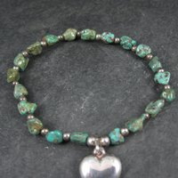 Green Turquoise Stretch Bracelet with Sterling Silver Heart Charm
