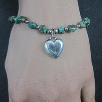 Green Turquoise Stretch Bracelet with Sterling Silver Heart Charm