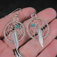 Southwestern Turquoise and Feather Dreamcatcher Earrings Sterling Silver