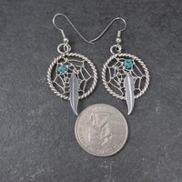 Southwestern Turquoise and Feather Dreamcatcher Earrings Sterling Silver