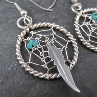 Southwestern Turquoise and Feather Dreamcatcher Earrings Sterling Silver