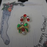 Vintage Crystal Enamel Candy Cane Pin New Old Stock