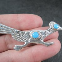 Vintage Sterling Native American Turquoise Roadrunner Brooch