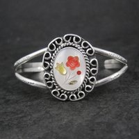 Southwestern Sterling Silver Inlaid Flower Cuff Bracelet 5.5 Inches