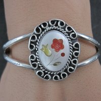 Southwestern Sterling Silver Inlaid Flower Cuff Bracelet 5.5 Inches