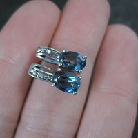 Blue Topaz and Diamond Stud Earrings Sterling Silver