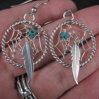 Southwestern Turquoise and Feather Dreamcatcher Earrings Sterling Silver