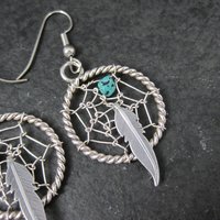 Southwestern Turquoise and Feather Dreamcatcher Earrings Sterling Silver