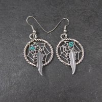Southwestern Turquoise and Feather Dreamcatcher Earrings Sterling Silver