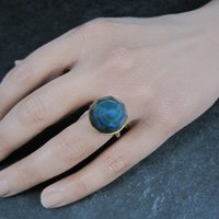 Bronze Blue Art Glass Ring Size 5.5 One of a Kind