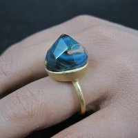 Bronze Blue Art Glass Ring Size 5.5 One of a Kind