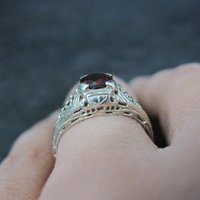 14K White Gold Art Deco Filigree Garnet Ring Size 5