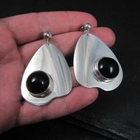 Large Sterling Silver Onyx Earrings Modernist M Kaye