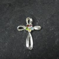 Simple Sterling Gemstone Cross Pendant Estate Silver