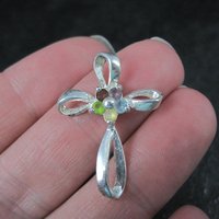Simple Sterling Gemstone Cross Pendant Estate Silver