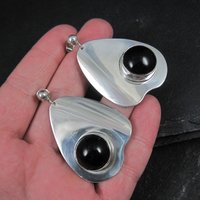 Large Sterling Silver Onyx Earrings Modernist M Kaye